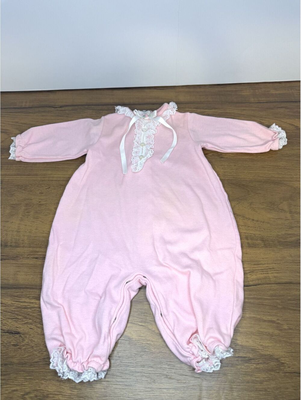 Vintage Little Me Pink One-Piece Outfit with Lace Trim & Ribbon Bow Size M